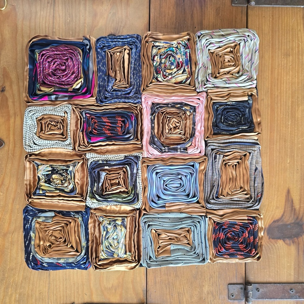 Vintage Dreamweavers Handmade Silk Tie Pillow Cover with Hand-Rolled Roses
